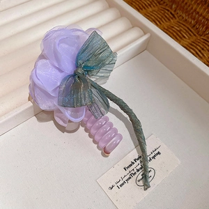 Purple flower telephone wire hair tie with bow, sweet aesthetic hair accessory for women.
