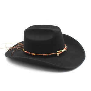 Classic black wool felt fedora hat with bohemian ethnic beaded band on white background