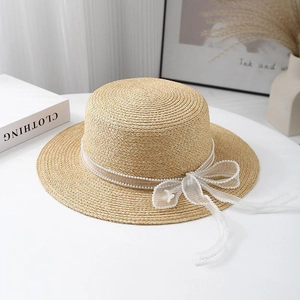 Japanese style flat top boater hat with white lace ribbon and pearl bow decoration