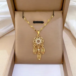 Dreamcatcher Pendant Necklace Stainless Steel Chain And Copper With Zircon Feather Tassel Gold Plated Elegant Women Jewelry