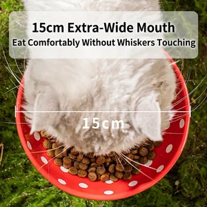 Polka dot ceramic elevated cat bowl with 15cm wide diameter for whisker friendly feeding