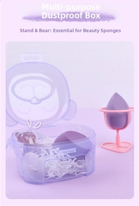 Beauty blender set with purple sponges, metal heart stand, and bear-lid storage case