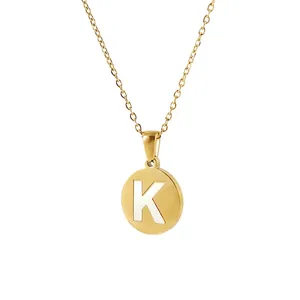 18K gold plated round shell necklace featuring a capital letter K pendant on a fine chain