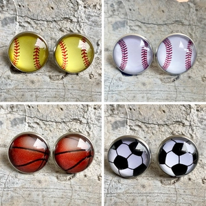 Boucles D'oreilles Puces Sport Rondes Acier Inoxydable Verre Basketball Baseball Football Volleyball Bijoux Vintage