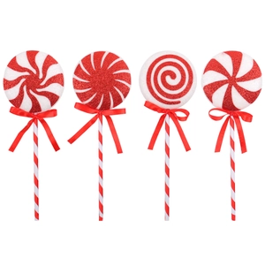 Set of 4 red and white glitter Christmas lollipop ornaments for festive tree decoration