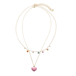 Double-layered gold necklace with colorful flower charms and a pink enamel heart pendant