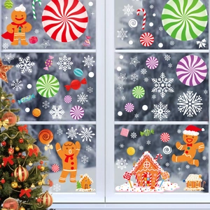 Christmas Window Stickers Static Cling PVC Gingerbread Man Candy Cane Snowflake Holiday Decor Double Sided Window Decals