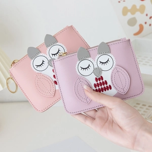 Cute owl-shaped mini PU leather coin purses with embroidery and golden zipper