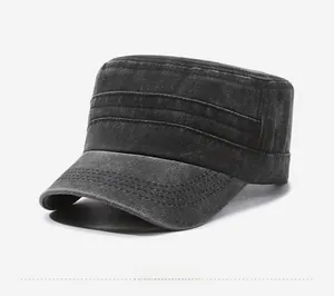Detailed side view of washed vintage military flat cap with horizontal stitching and texture
