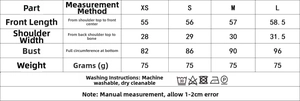 Detailed size chart for sleeveless lace embroidered shirt showing XS to L measurements