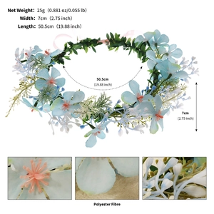Detailed specs for blue floral crown headband showing 50.5cm length and 25g net weight