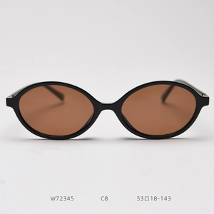 Detail view of oval black frame sunglasses with tea lenses and model specs W72345