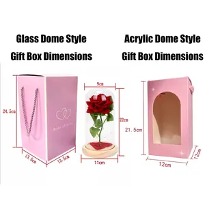 Preserved red rose in a glass dome with LED lights and pink gift box for Valentines Day
