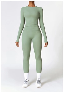 Sage green high waist yoga set with long sleeve top and leggings in matte finish