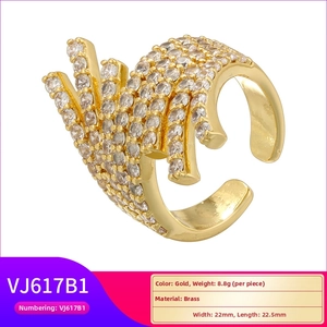 Detailed view of gold plated brass ring with micro-paved cubic zirconia split band