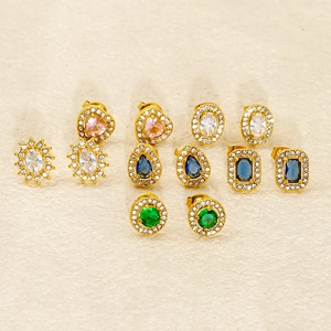 5-piece set of gold titanium steel stud earrings with colorful cubic zirconia in assorted shapes