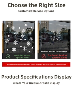 Comparison of different sizes for white snowflake window stickers in a retail display