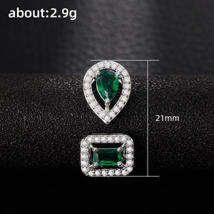 Elegant emerald green zircon geometric earrings in silver finish with product dimensions