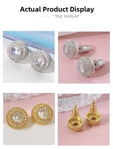 Macro display of gold and silver halo stud earrings with zircon stones and butterfly backings