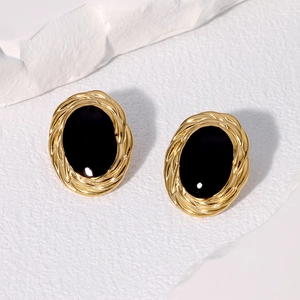 Vintage 18K gold plated oval stud earrings with black inlay and woven texture borders