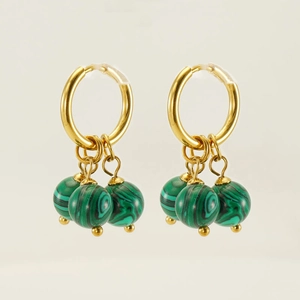 18k gold plated stainless steel hoop earrings with three green malachite stone beads