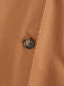 Detailed close-up of khaki fabric texture and tortoiseshell button on a long coat