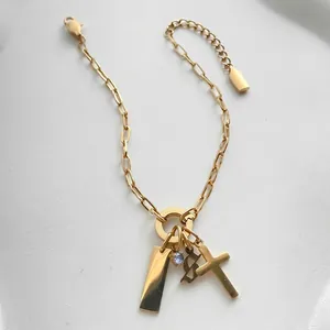 Minimalist Stainless Steel 14K Gold Plated Multi Pendant Bracelet For Women Delicate Cross Letter Rectangular Tag Rhinestone DIY Jewelry Gift