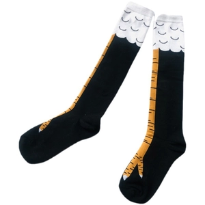 Chaussettes hautes amusantes à motif pattes de poulet et autruche en noir, blanc et jaune