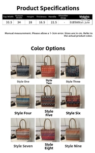 Detailed size chart and specifications for large bohemian linen tote shopping bag