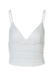 Detailaufnahme von weißem Rippstrick mit elegantem V-Ausschnitt und geraffter Taillenstruktur