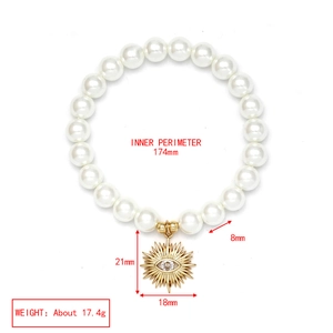 White pearl bead bracelet with evil eye sun pendant and product size specifications