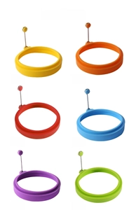 Detailed set of 6 colorful round silicone egg rings with foldable stainless steel handles
