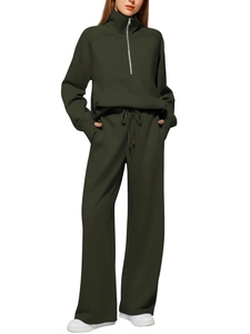 Detail of high-waisted wide leg sweatpants with drawstring in dark olive green