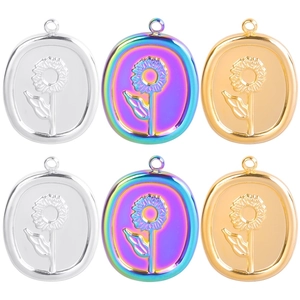 Set of six vintage oval stainless steel sunflower charms in gold, silver, and rainbow colors