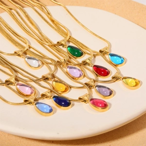 18K gold plated stainless steel birthstone necklace set with colorful pear drop pendants