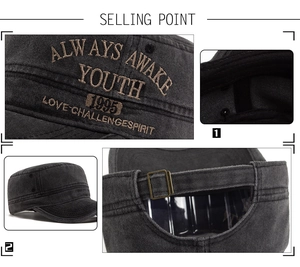Close-up of vintage grey military cap with embroidered letters and metal buckle details