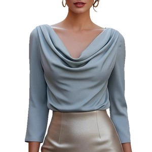 Elegant light blue draped neck long sleeve satin blouse for women with a sleek fit