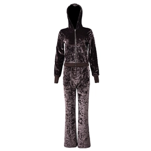 Detail of coffee brown velvet tracksuit showing zipper hoodie and flared pants texture