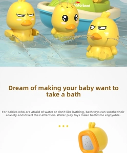 Detail view of motorboat bath toy with three yellow ducks showing various spray patterns