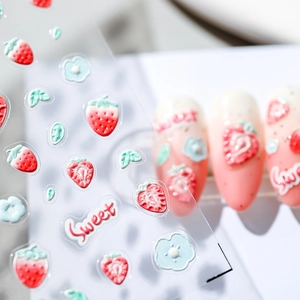 3D embossed nail art stickers featuring red strawberries, flowers and Sweet letters