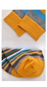 Detail view of high-elasticity ribbed cuffs and hand-stitched toe of striped cotton socks