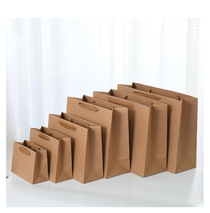 Brown kraft paper gift bags in six different sizes with handles for retail shopping