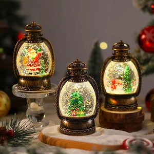 Close-up of vintage bronze Christmas lanterns with Santa, snowman and snow globe effect