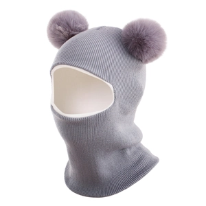 Close-up of grey knit balaclava with purple pom-poms and soft thermal fleece lining