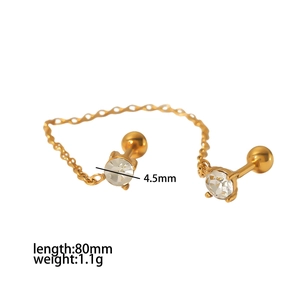 Gold titanium steel screw-back chain earring with 4.5mm clear zircon crystals and 80mm chain