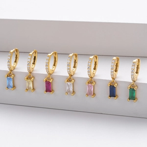 Elegant S925 sterling silver hoop earrings with rectangular zircon stones in seven colors
