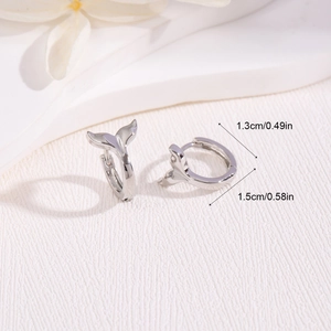 Elegant silver mermaid tail hoop earrings with size dimensions on a white background