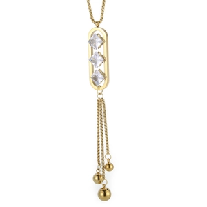Long tassel necklace with oval pendant and three square zircons in gold-plated steel