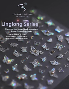 Macro detail of holographic butterfly nail art sticker with miniature pearl embellishments