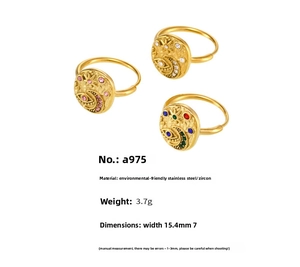 Detailed view of bohemian gold stainless steel rings with colorful 5A zircon inlay
